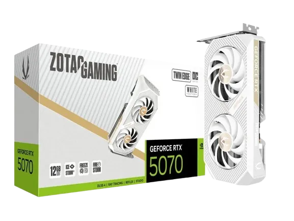ZOTAC GAMING GeForce RTX 5070 Twin Edge OC White Edition Graphics Card, DLSS4 and 12GB of GDDR7 memory | ZT-B50700Q-10P - PC Builder UAE