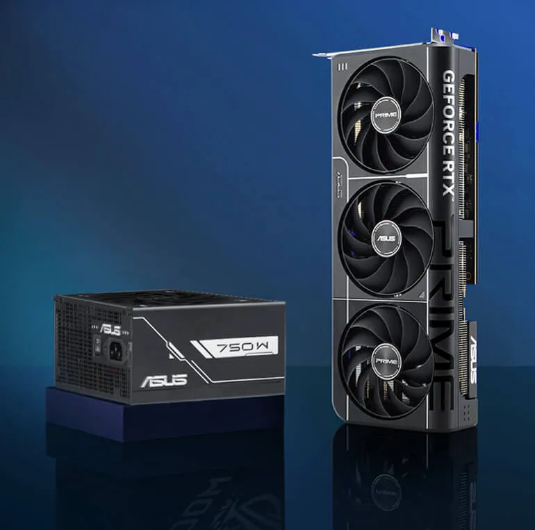 A Prime Gold power supply and Prime graphics card in a blue background