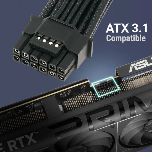 Close-up of a black ATX 3.1 compatible power connector and graphics card power connector