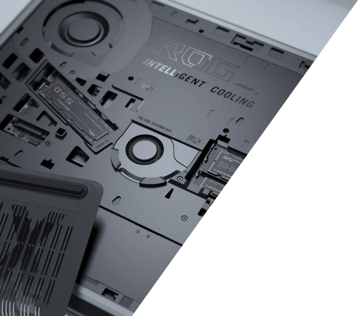 The inside of an ROG Strix laptop with the storage, RAM, and fans visible.